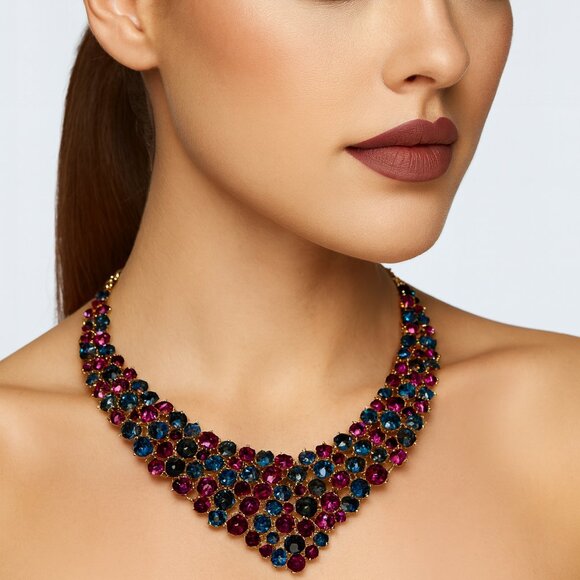 Natasha Signed Statement Crystal Necklace – Multicolor Rhinestones - Picture 1 of 7